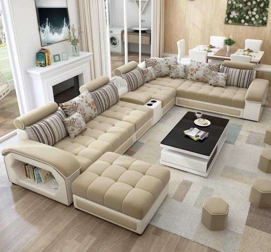 Silvester U - Shape 9 - Seater Fabric Sofa Set with Cup Holder and 4 Additional Puffies - Torque India